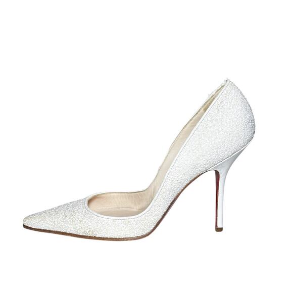 Christian Louboutin White Glitter Leather Pointed Toe Heels Pumps Size 36 - Picture 2 of 6